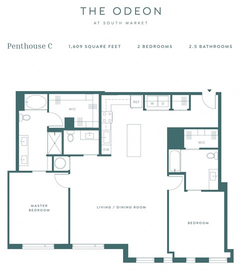 Floor plan for 2 beds, 2.5 baths, 1609 sqft